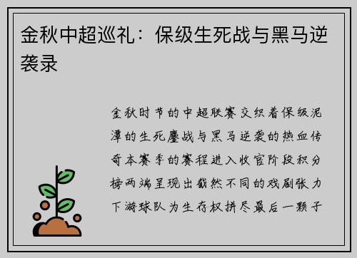 金秋中超巡礼：保级生死战与黑马逆袭录